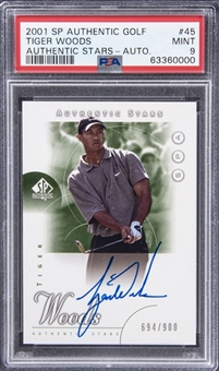 2001 SP Authentic Golf "Authentic Stars" Autograph #45 Tiger Woods Signed Rookie Card (#694/900) – PSA MINT 9